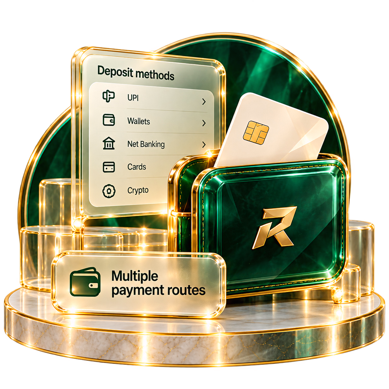 Rajabets deposit methods menu, bank card emerging from gold-trimmed wallet, and multiple payment routes plaque on marble base